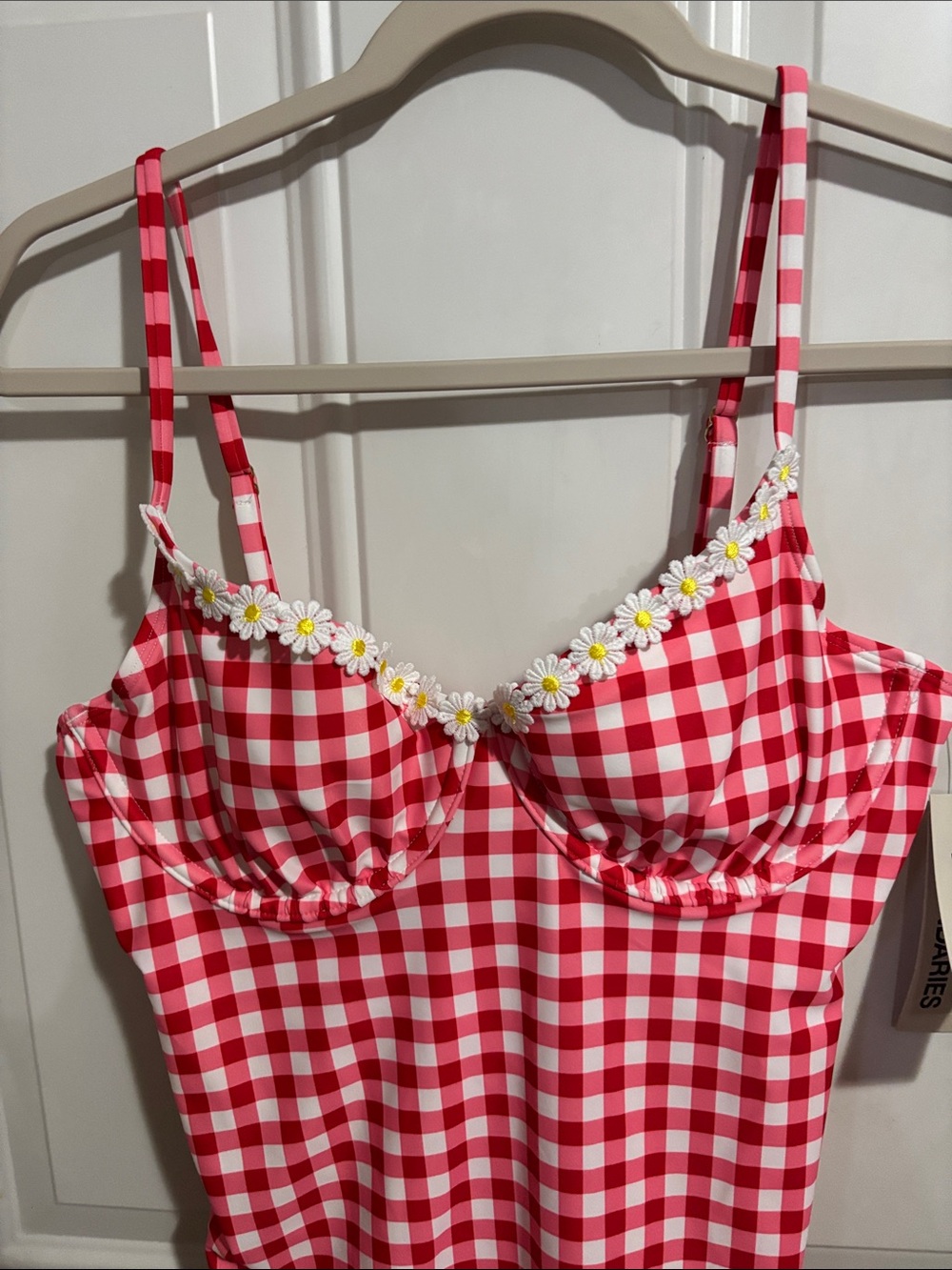 No Boundaries Red and White Gingham One-Piece with Daisy Trim - Picture 3 of 6